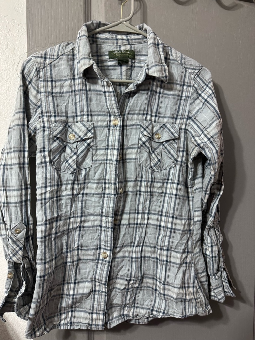 Eddie Bauer Gray and light blue Plaid Flannel Shirt Medium